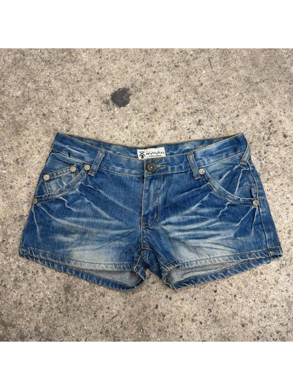 Vintage Y2K Low Rise Denim Micro Shorts Med Wash